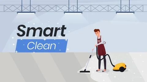 Cleaning services flat web banner template. Man hoovering carpet, using modern Stock Illustration