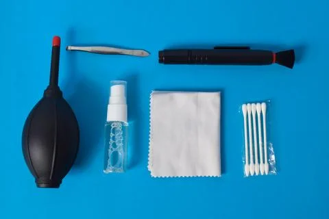 Cleaning set for camera air blower, microfiber, brush Stock-Fotos