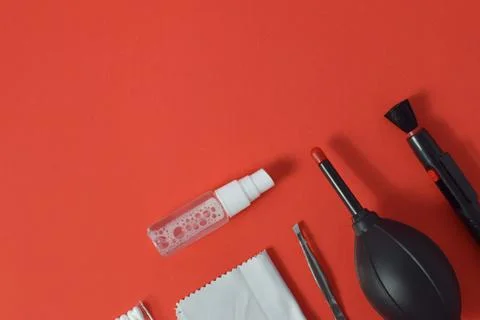 Cleaning set for camera air blower, microfiber, brush and more Stock Photos