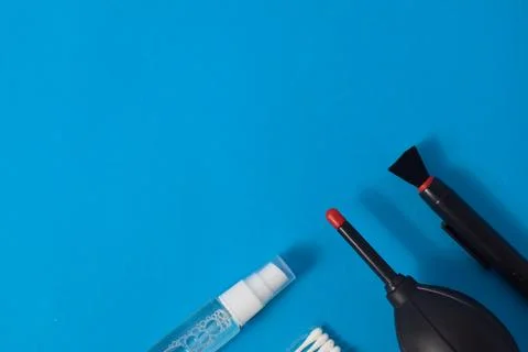 Cleaning set for camera air blower, microfiber, brush Stock Photos