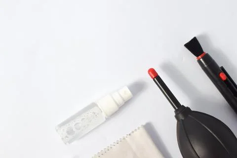 Cleaning set for camera air blower, microfiber, brush and more Stock Photos
