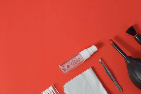 Cleaning set for camera air blower, microfiber, brush and more Stock Photos