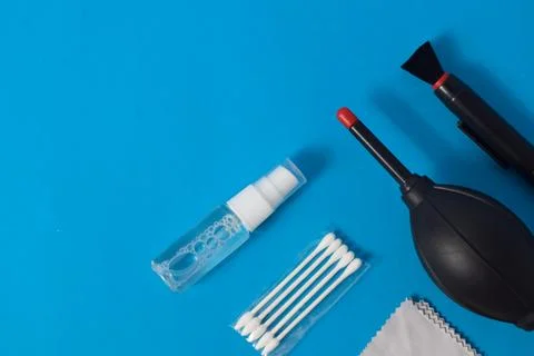 Cleaning set for camera air blower, microfiber, brush Stock Photos