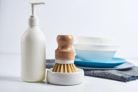 Cleaning set for different surfaces in kitchen, bathroom and other rooms. Empty Stock Photos