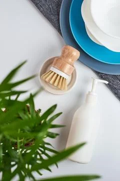 Cleaning set for different surfaces in kitchen, bathroom and other rooms. Empty Stock Photos