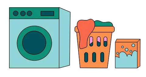 Cleaning Set Element. Washing machine. Laundry basket with clothes Stock Illustration