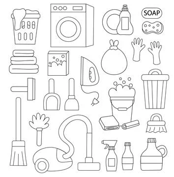 Cleaning Set Elements. Outline Lineart simple style. Black and white. Stock Illustration