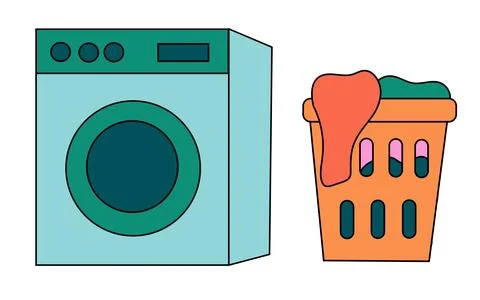 Cleaning Set Elements. Washing machine. Laundry basket with clothes Stock Illustration