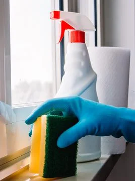 Cleaning set for windows,different surfaces in kitchen, bathroom and other ro Foto stock