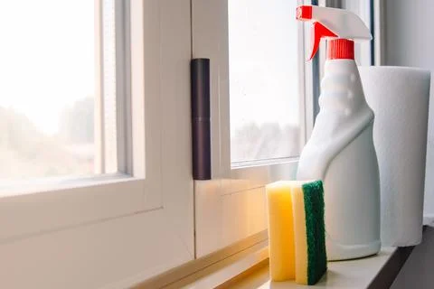 Cleaning set for windows,different surfaces in kitchen, bathroom and other ro Stock Photos