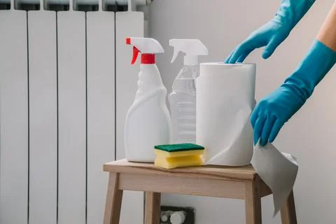 Cleaning set for windows,different surfaces in kitchen, bathroom and other ro Stock Photos