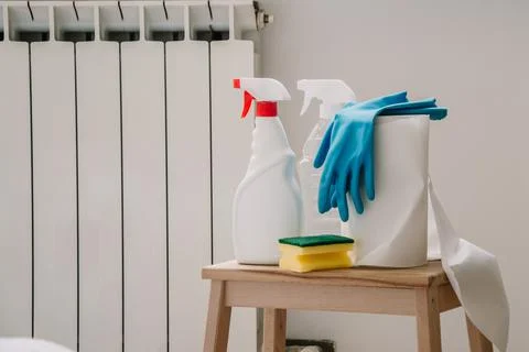 Cleaning set for windows,different surfaces in kitchen, bathroom and other ro Stock Photos