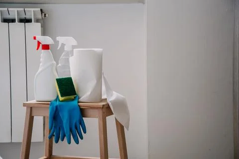 Cleaning set for windows,different surfaces in kitchen, bathroom and other ro Stock Photos