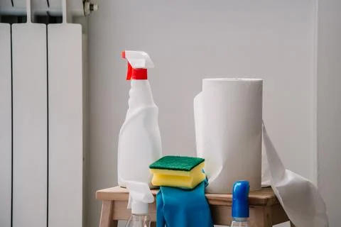 Cleaning set for windows,different surfaces in kitchen, bathroom and other ro Stock Photos