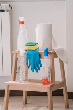 Cleaning set for windows,different surfaces in kitchen, bathroom and other ro Stock Photos