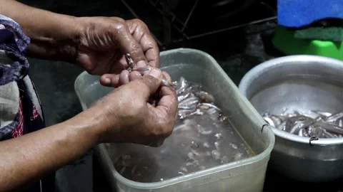 Cleaning small fish anchovy, top view. Preparing fish, for cooking in kitchen. Stock Footage 252867643