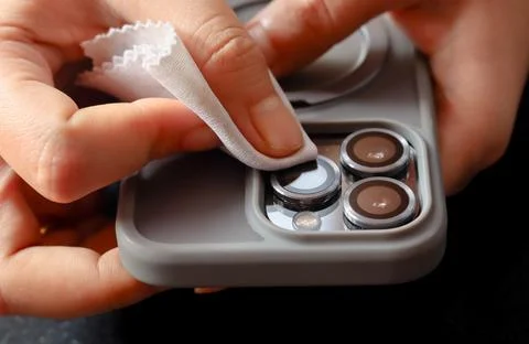 Cleaning a smartphone camera lens Stock Photos