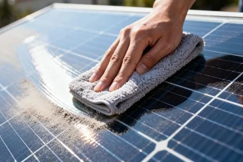 Cleaning a solar panel with a microfiber cloth on a sunny day Stock Photos