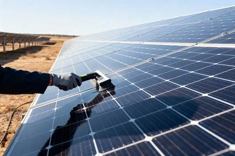 Cleaning solar panels for maximum efficiency and energy production Stock Photos