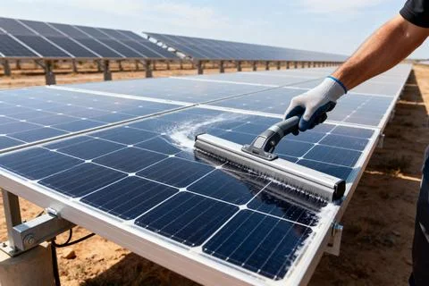 Cleaning solar panels with a squeegee for optimal energy production Stock Photos