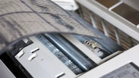 Cleaning of split air conditioner. Removing dirty dust filters. Stock Footage 75813049