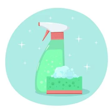 Cleaning spray and sponge with bubbles. Disinfection concept vector. Stock Illustration