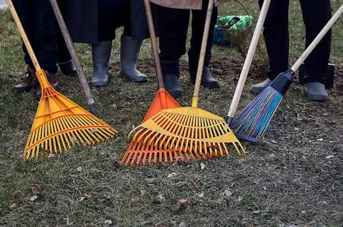 Cleaning in spring: a rake against the background of feet on the spring grass Stock Photos