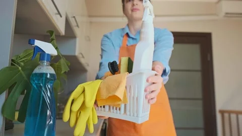 Cleaning starts with a box filled with everything needed for quality cleaning. A Stock Footage 301868003