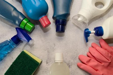 Cleaning Supplies Flatlay Stock Photos