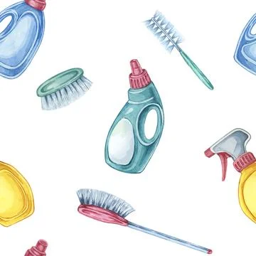 Cleaning supplies seamless pattern featuring detergent bottles, brushes, and イラスト素材
