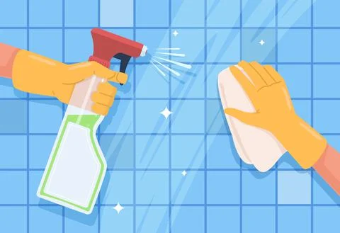 Cleaning surface. Spraying sanitizing spray and napkin in hand, bottle with Stock Illustration