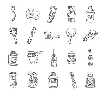 Cleaning teeth set in outline line art Stock Illustration