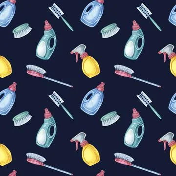 Cleaning tools colorful seamless pattern with spray bottles, detergent, and Illustrazione stock