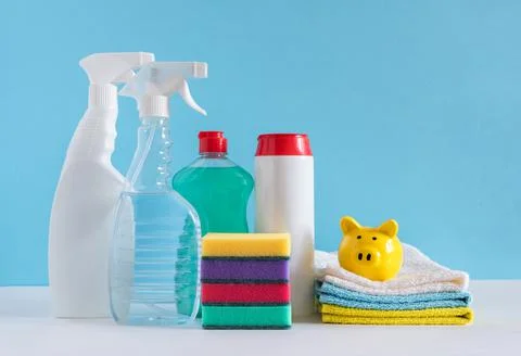 Cleaning tools for different surfaces in the premises. Stock Photos