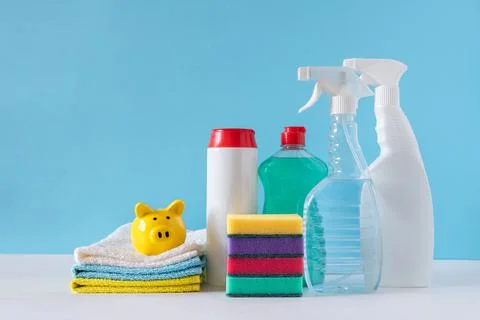 Cleaning tools for different surfaces in the premises. Concept of cleaning se Stock Photos