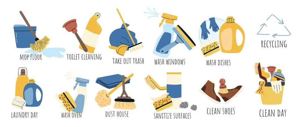 Cleaning tools elements, detergent, duster set. Vector illustration in cartoon Ilustración de archivo