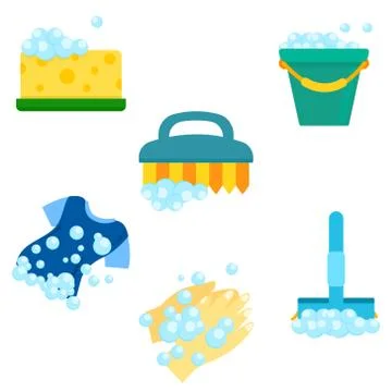 Cleaning tools with foam soap icon set 스톡 일러스트