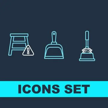 Cleaning tools icons set with step stool, dustpan, and toilet brush, simple.. Stock-Illustration