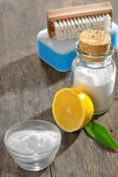 Cleaning tools with lemon and sodium bicarbonate Stock Photos