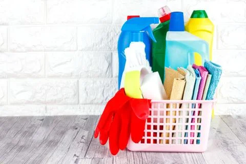 Cleaning tools - liquid, paste, gel in plastic containers. Brush, sponge, mic Stock Photos