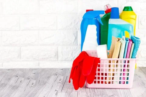 Cleaning tools - liquid, paste, gel in plastic containers. Brush, sponge, mic Stock Photos