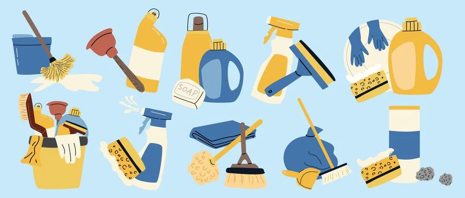 Cleaning tools mop, detergent, duster set. Vector illustration in cartoon flat Stock Illustration