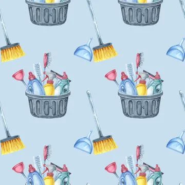 Cleaning tools seamless pattern. Broom, dustpan, and bucket with assorted 库存插图