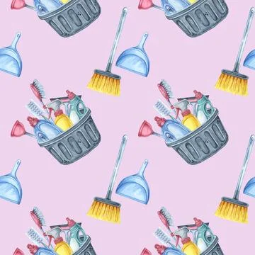 Cleaning tools seamless pattern. Broom, dustpan, and bucket with various イラスト素材