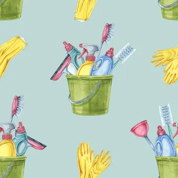 Cleaning tools seamless pattern with cleaning items like brushes, gloves, and イラスト素材