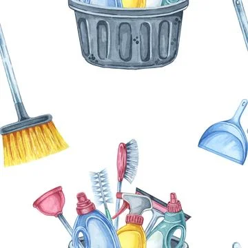 Cleaning tools seamless pattern with a collection of brooms, dustpans, and trash 库存插图