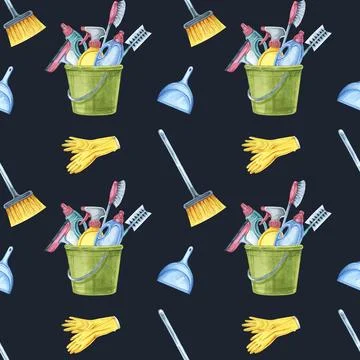 Cleaning tools seamless pattern with green buckets, brushes, and gloves on a Illustrazione stock
