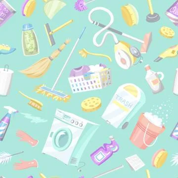 Cleaning tools seamless pattern. House icons background. Washing machine Stock Illustration