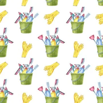 Cleaning tools seamless pattern watercolor clipart depicting an array of Illustrazione stock