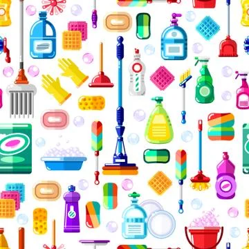 Cleaning tools seamless vector pattern. House cleaning and housework service. Stock Illustration